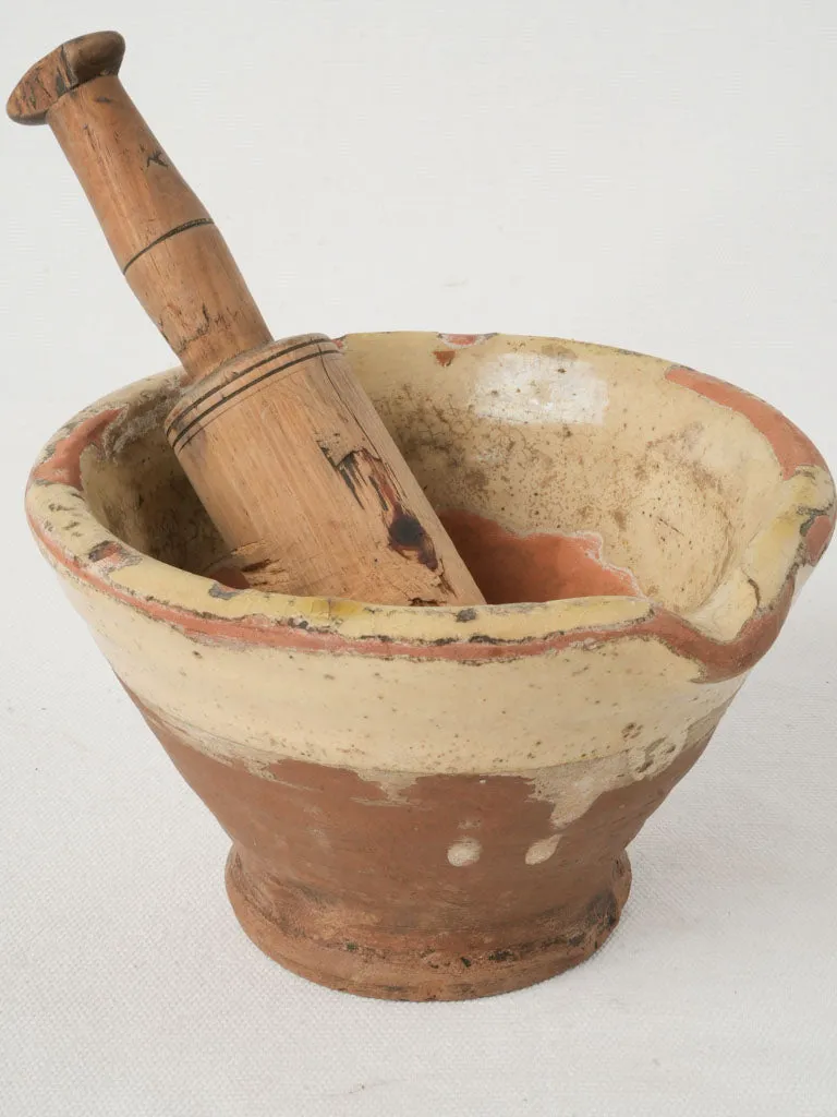 Small Antique French Glazed Terracotta Mortar with Wooden Pestle 4¼"