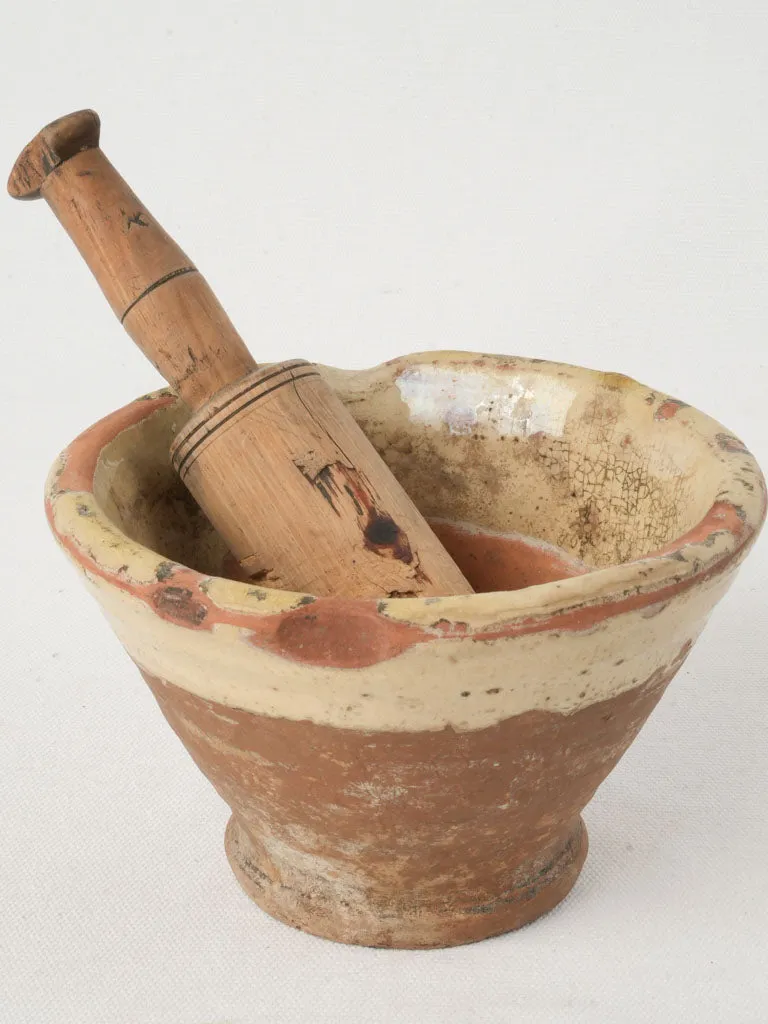 Small Antique French Glazed Terracotta Mortar with Wooden Pestle 4¼"