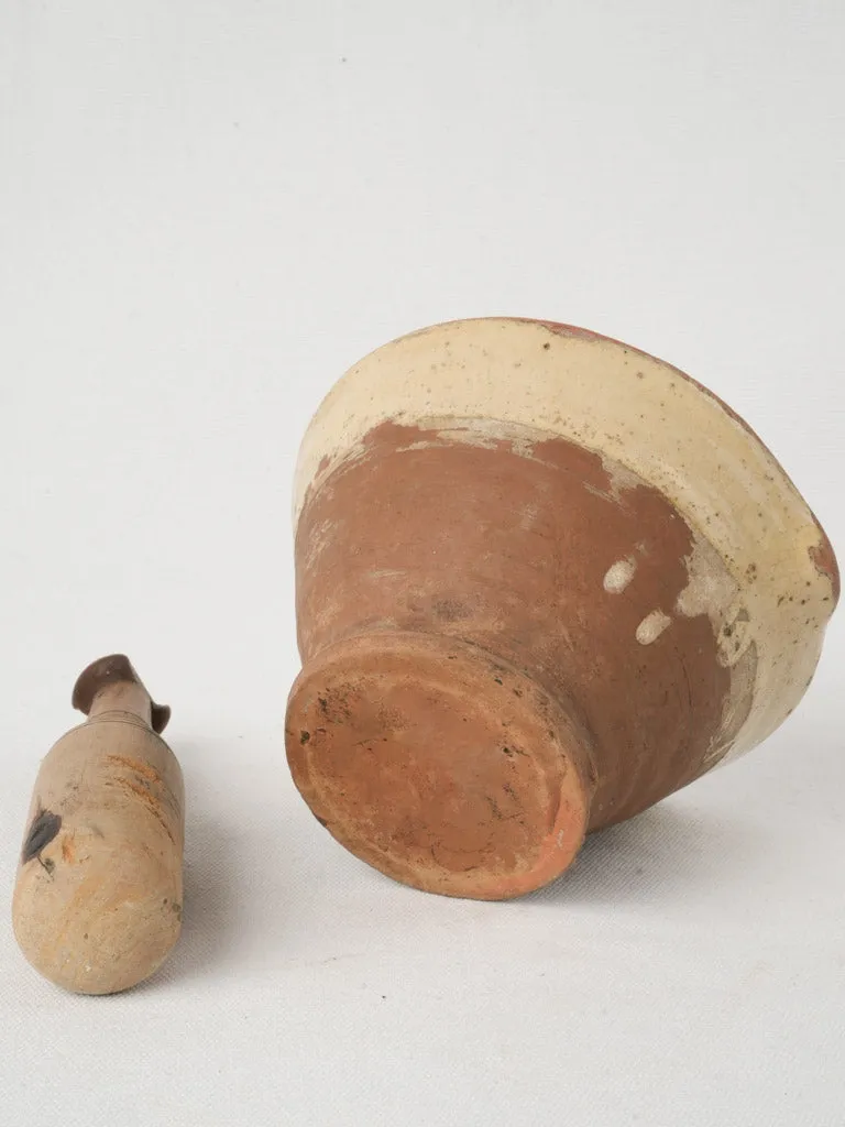 Small Antique French Glazed Terracotta Mortar with Wooden Pestle 4¼"