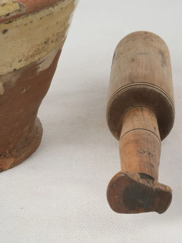 Small Antique French Glazed Terracotta Mortar with Wooden Pestle 4¼"