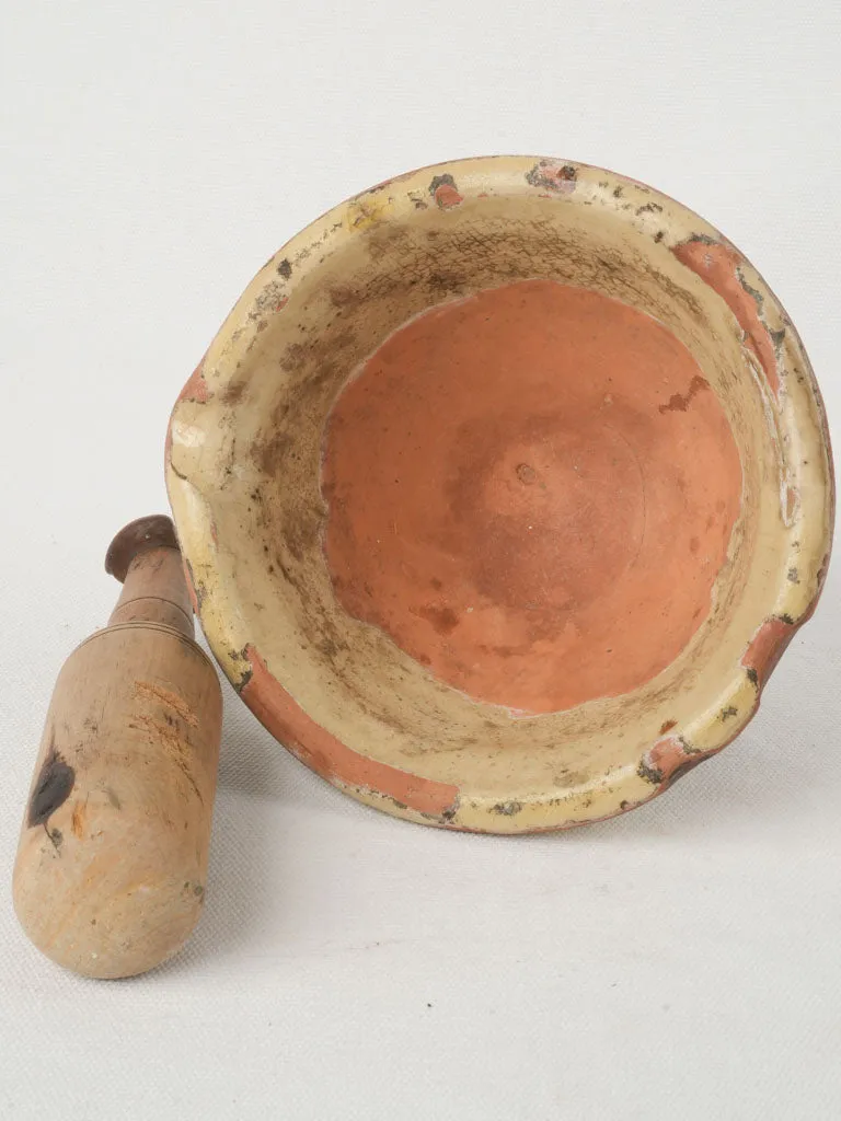 Small Antique French Glazed Terracotta Mortar with Wooden Pestle 4¼"
