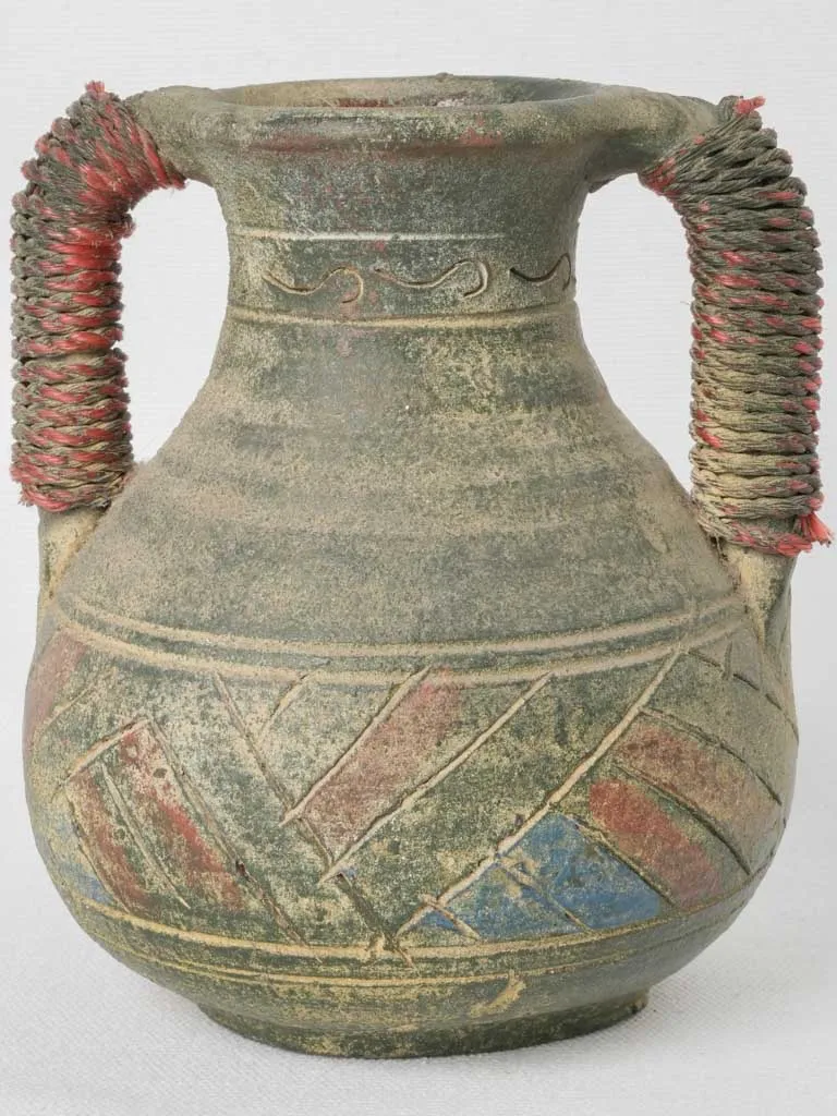Small Antique Terracotta Vase w/ String-Wrapped Handles 6¾"