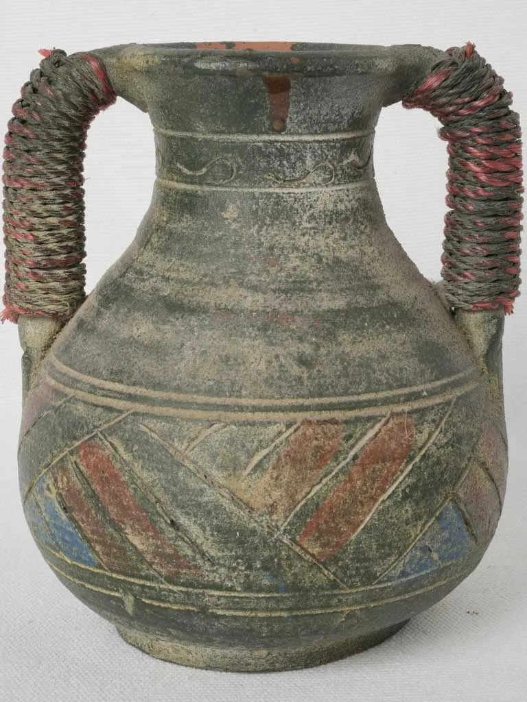 Small Antique Terracotta Vase w/ String-Wrapped Handles 6¾"
