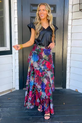 Sonora Deep Blue Floral Tiered Maxi Skirt
