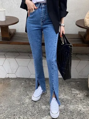 Spring Split Pencil Jeans Women High Waist Denim Blue Women Jeans