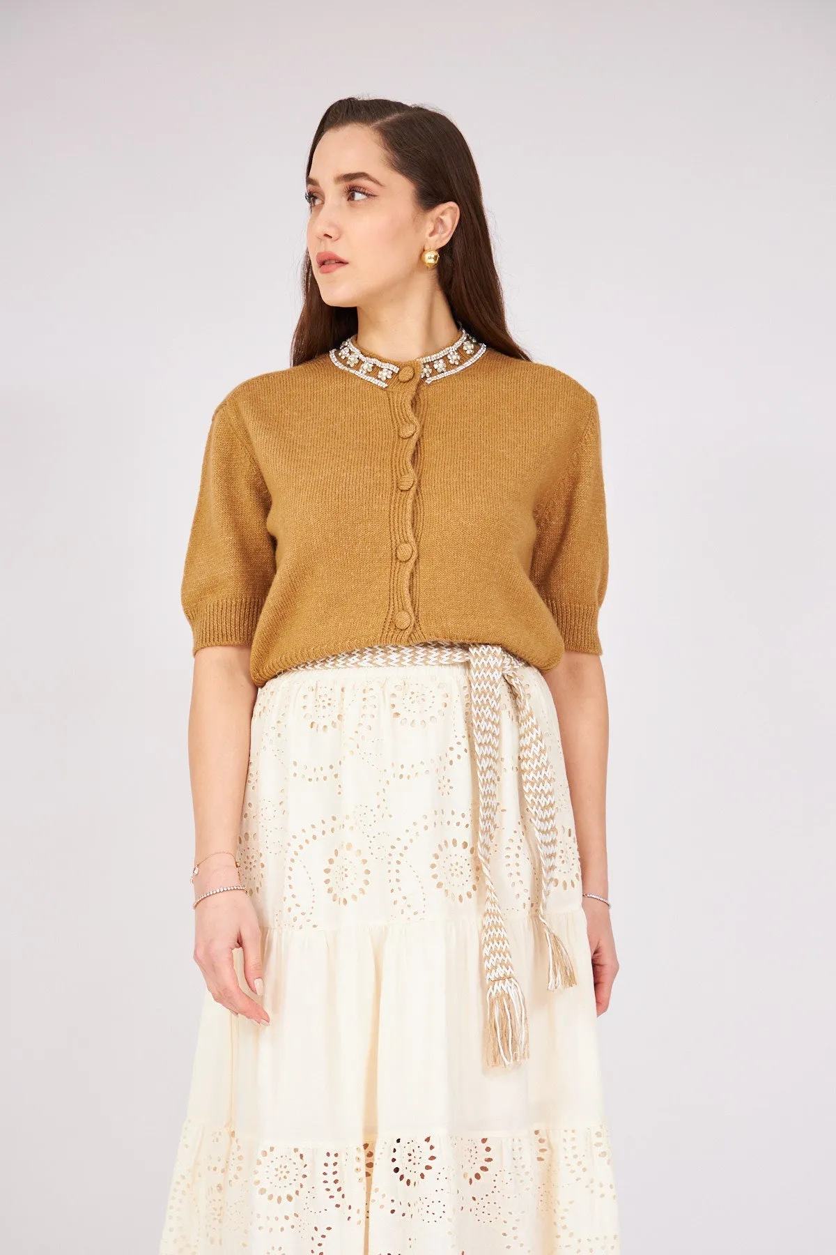 Stoned Collar Cardigan Tobacco Color