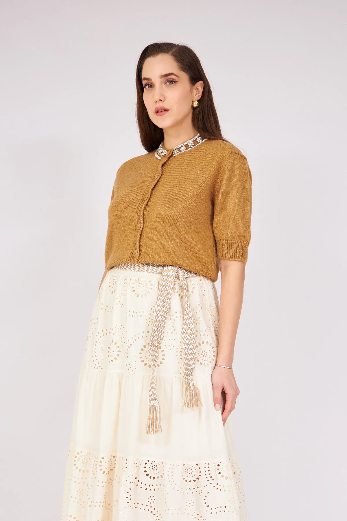 Stoned Collar Cardigan Tobacco Color