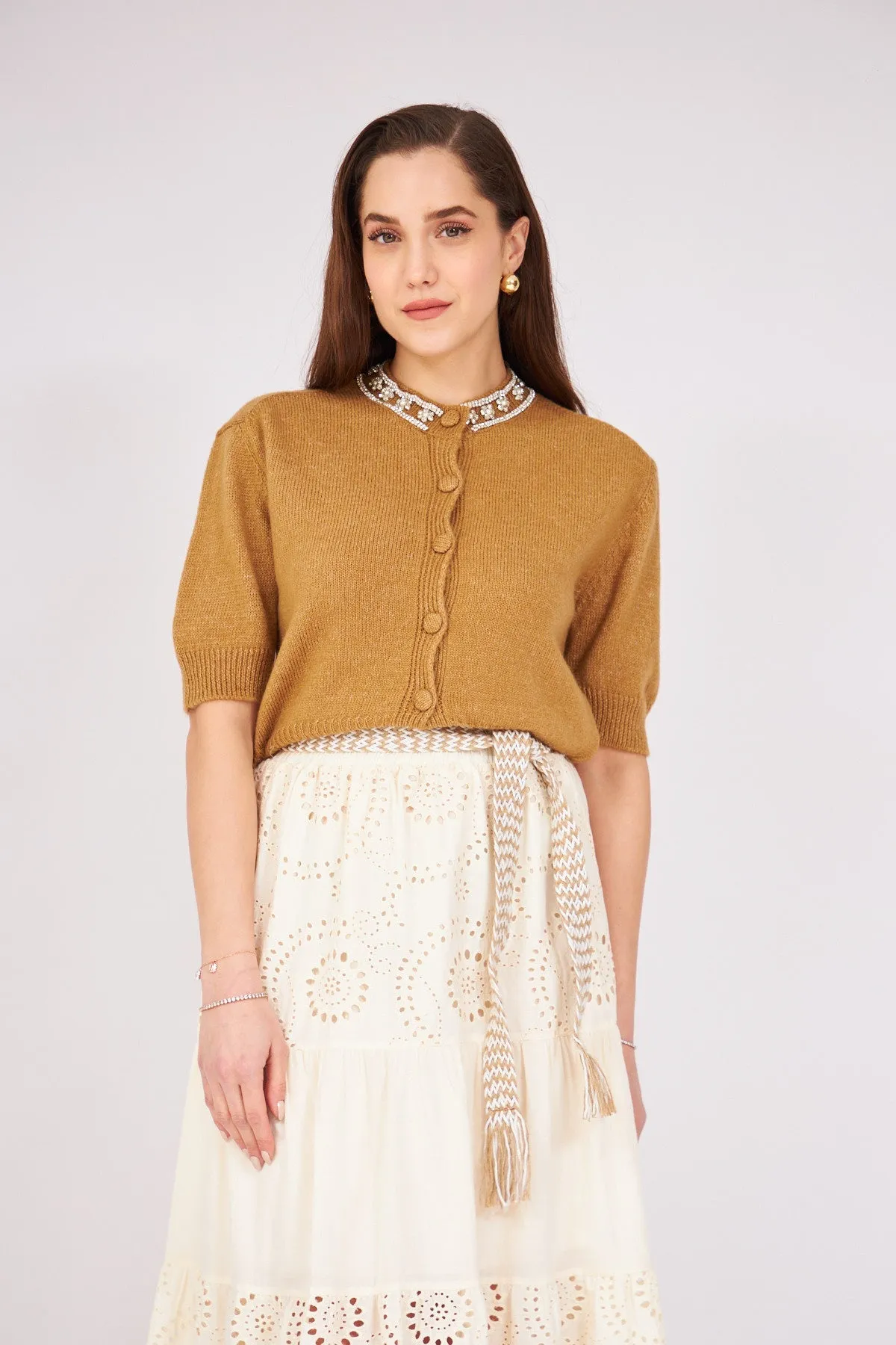 Stoned Collar Cardigan Tobacco Color
