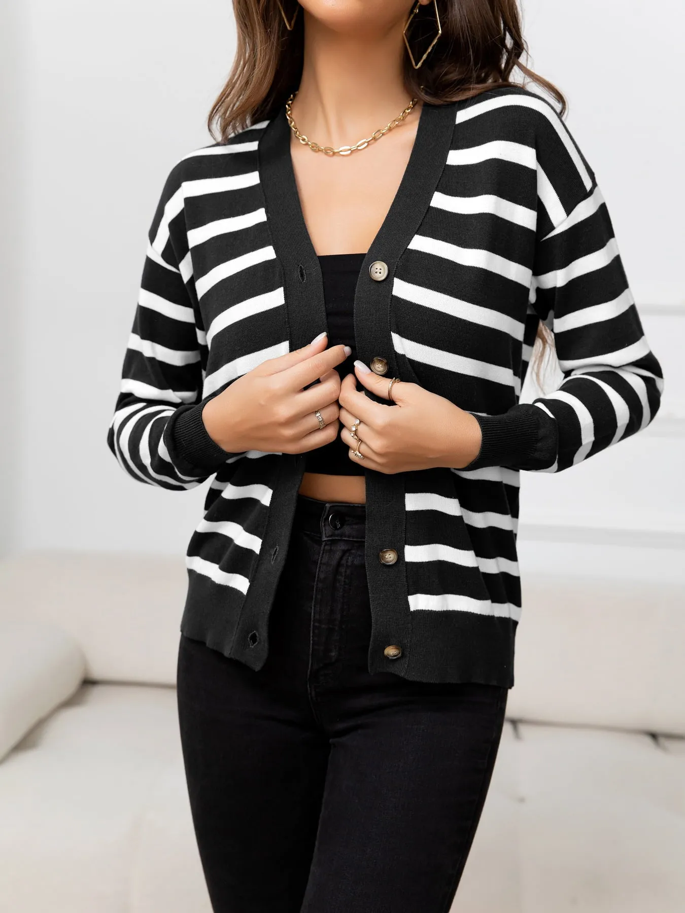 Striped V-Neck Knit Top