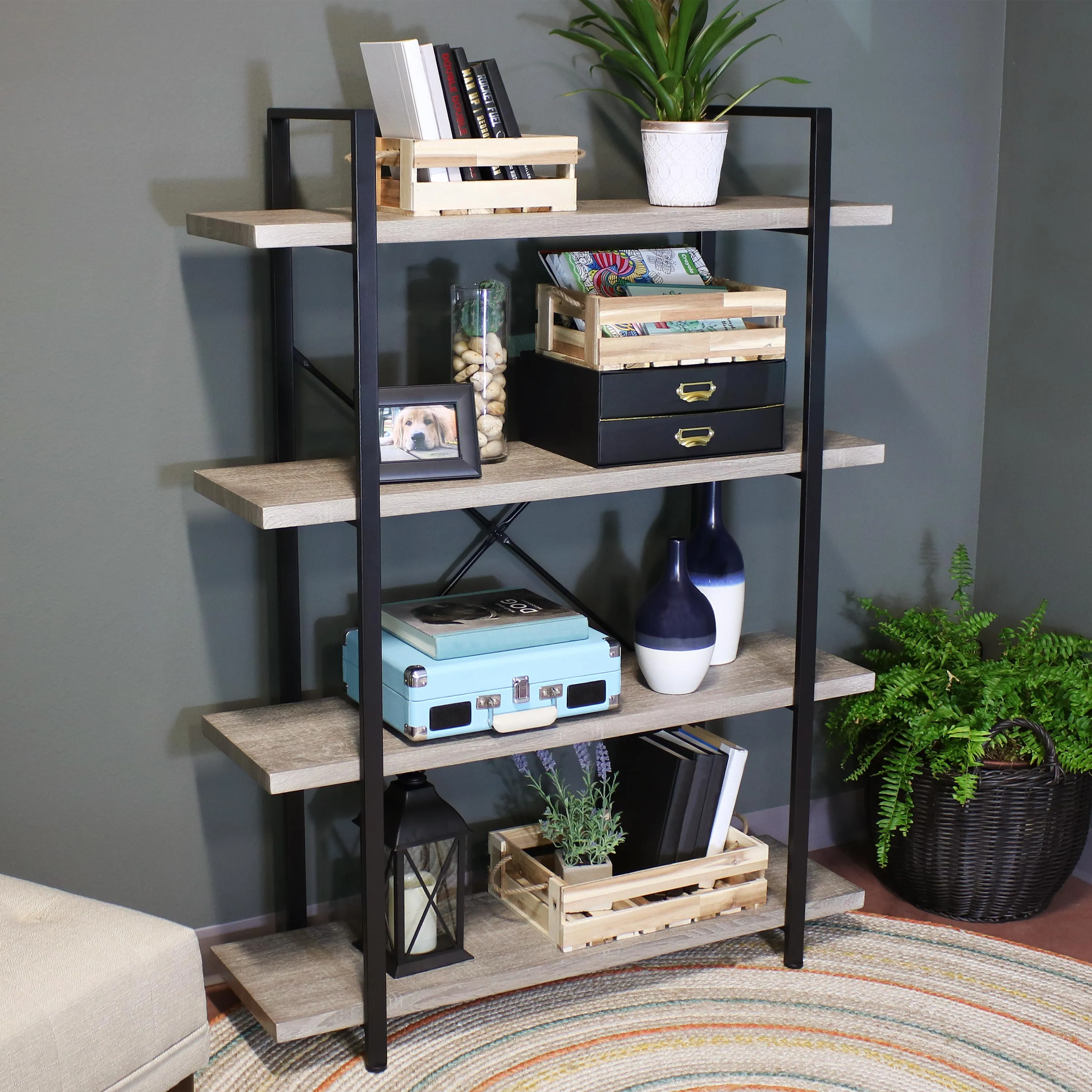 Sunnydaze 4-Tier Industrial Style Open Bookshelf - Oak Gray
