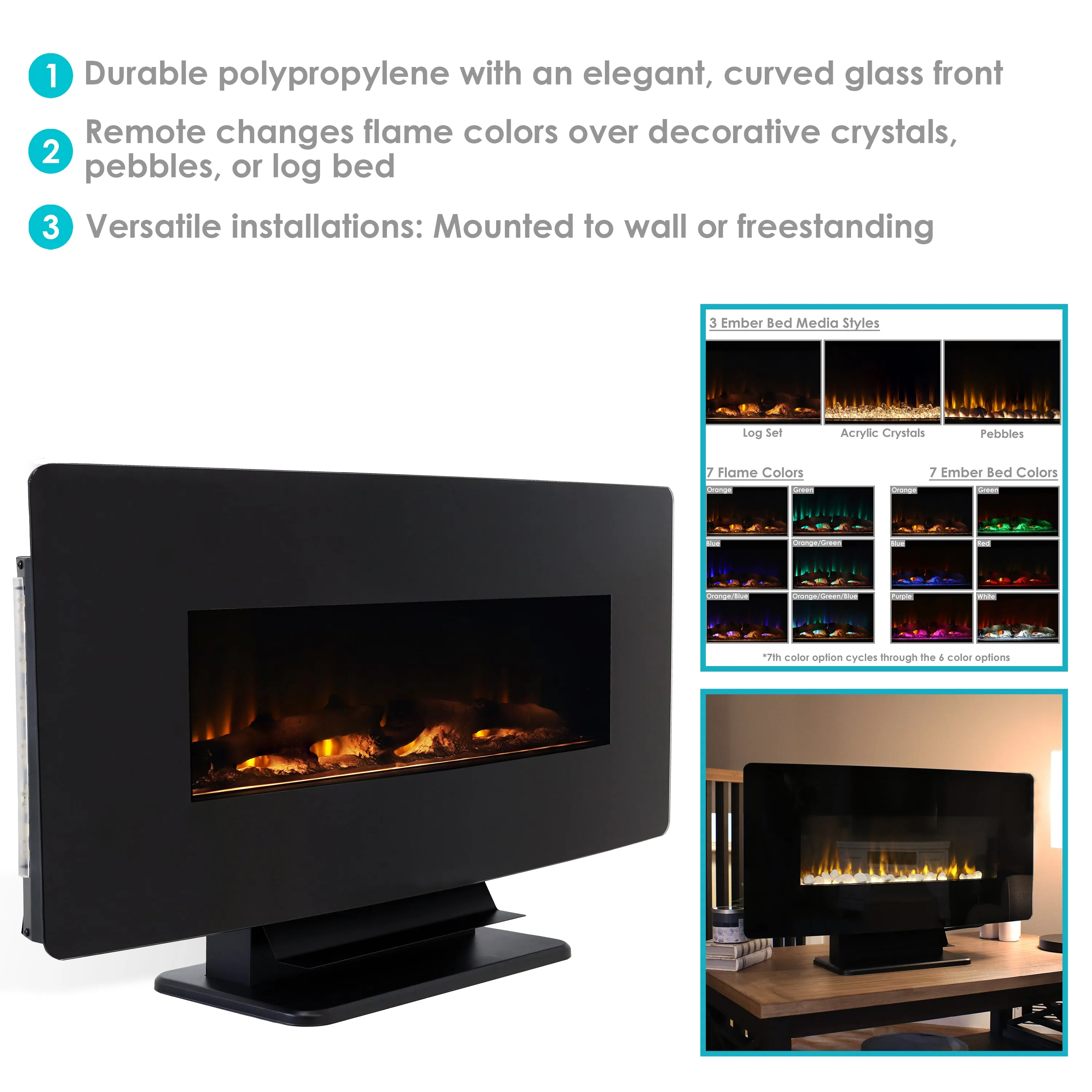 Sunnydaze Curved Wall-Mount or Freestanding Color-Changing Fireplace