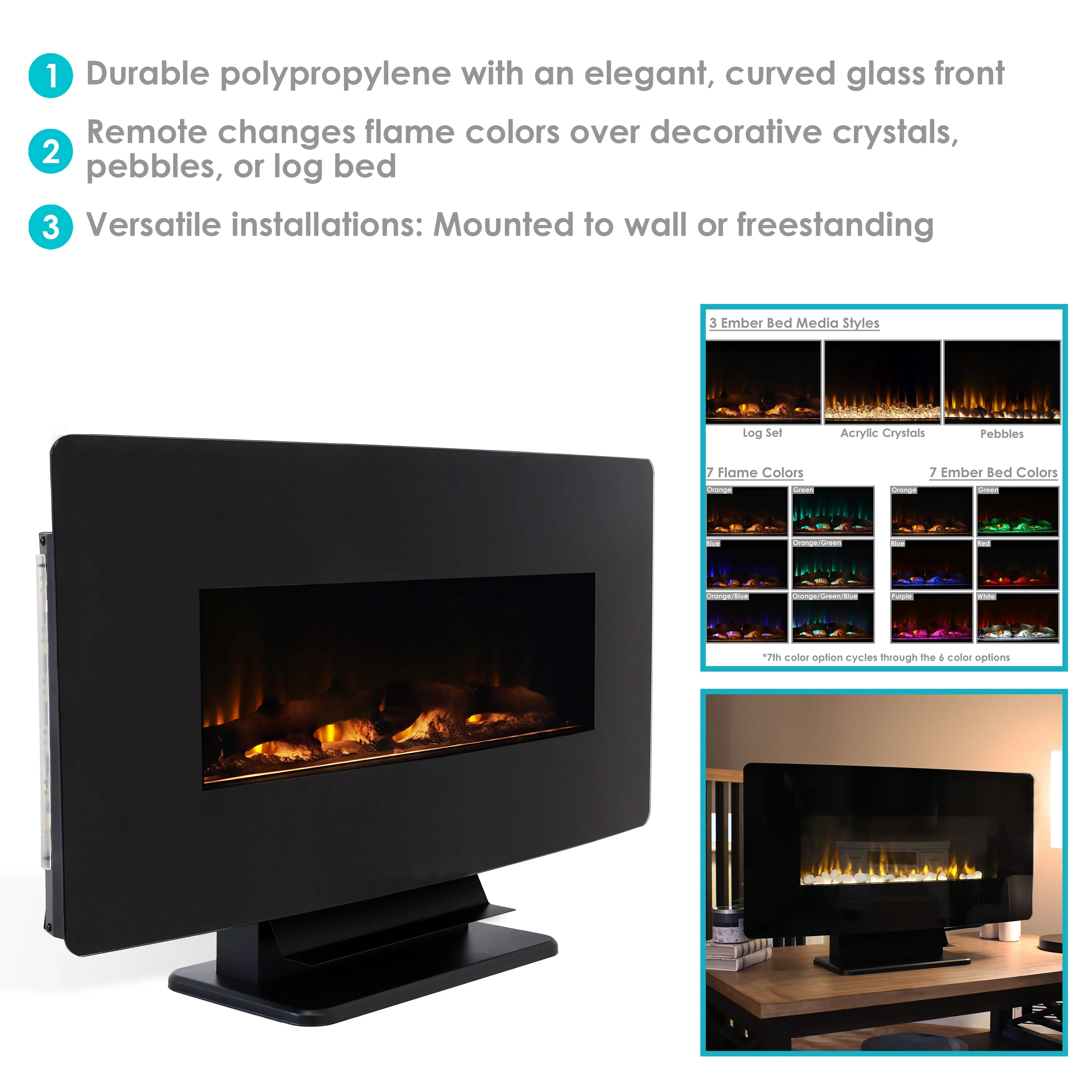 Sunnydaze Curved Wall-Mount or Freestanding Color-Changing Fireplace