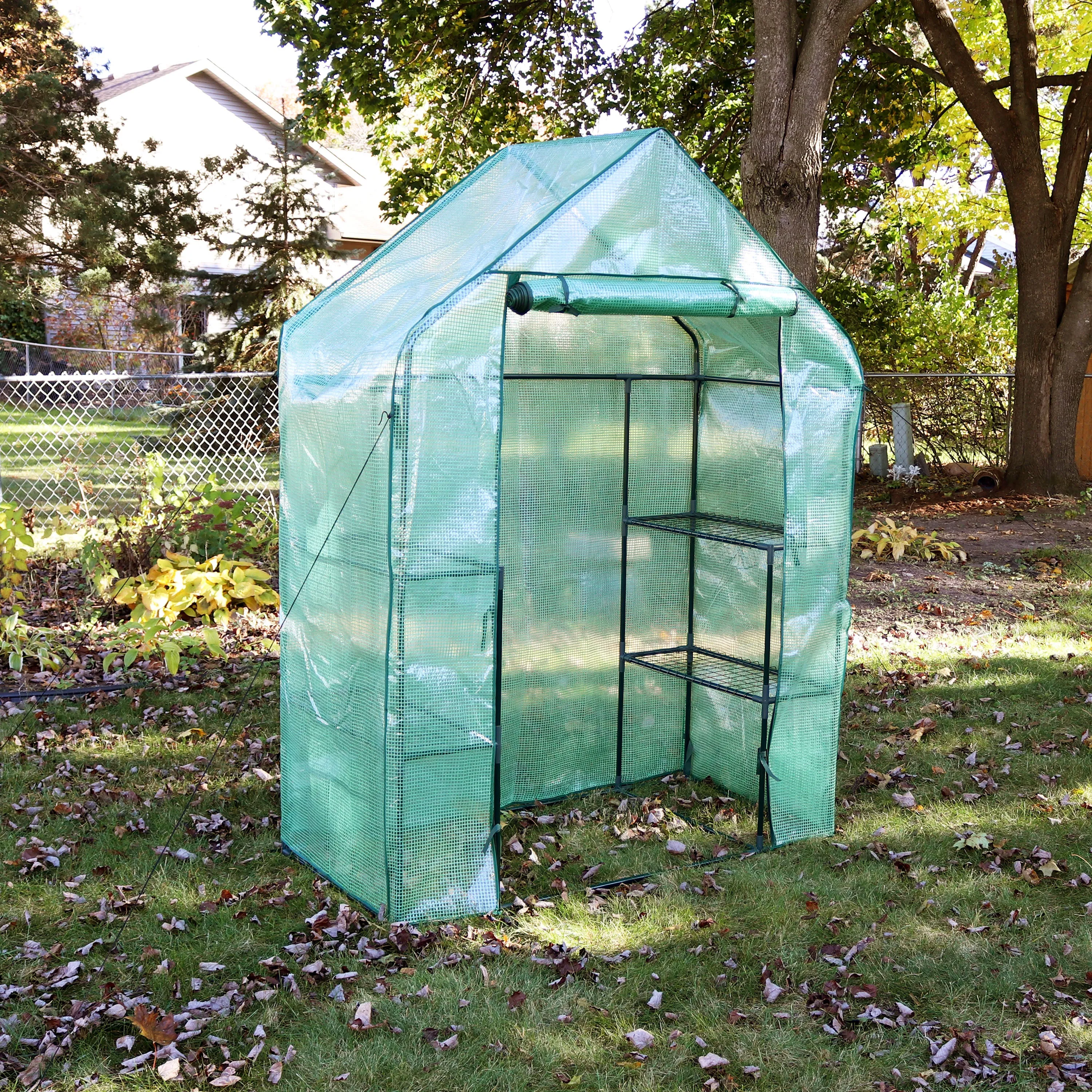 Sunnydaze Deluxe Walk-In Greenhouse with 4 Shelves for Outdoors - Green
