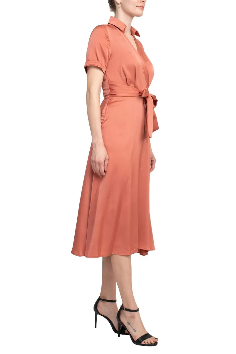 Tahari ASL Collared Pleated V-Neck Tie Waist Solid Satin Dress
