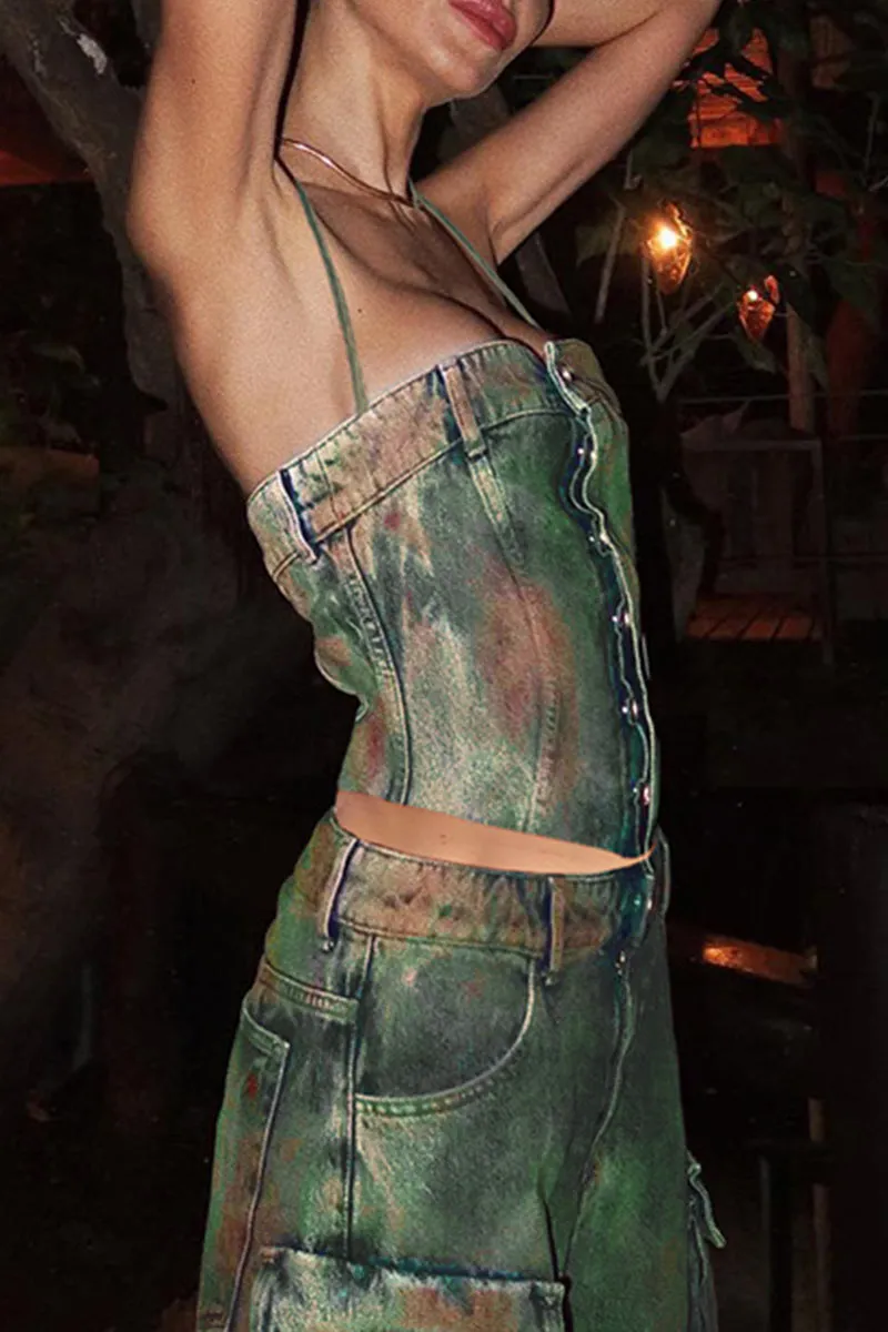TE453 Halter Strap Denim Top