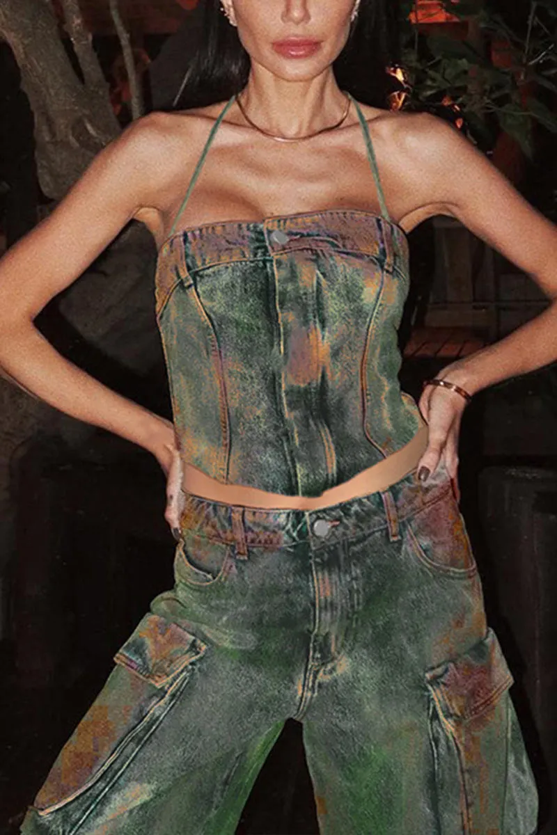 TE453 Halter Strap Denim Top