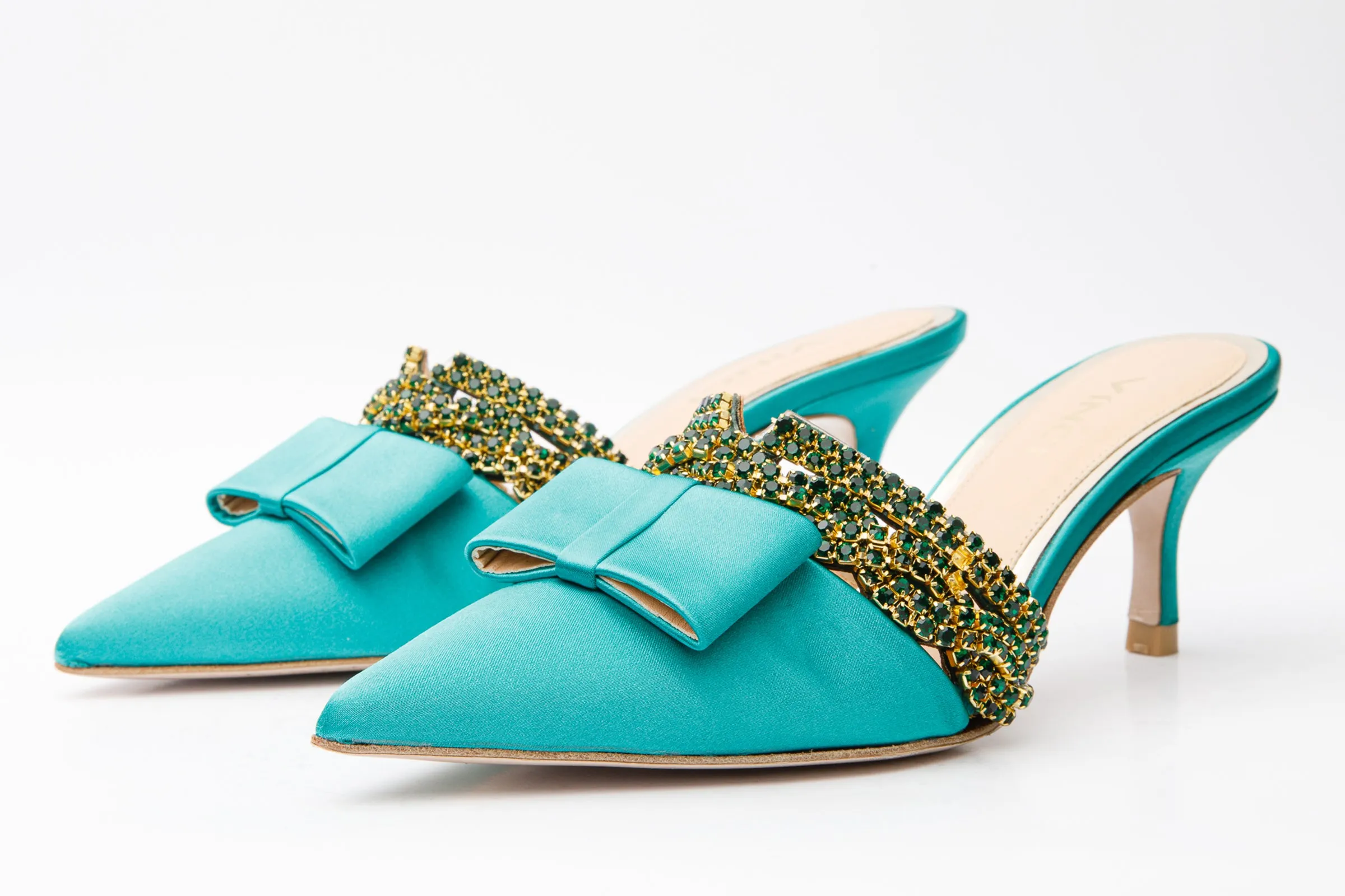 The Volga Green Leather Kitten Heel Pointy Toe Women Sandal