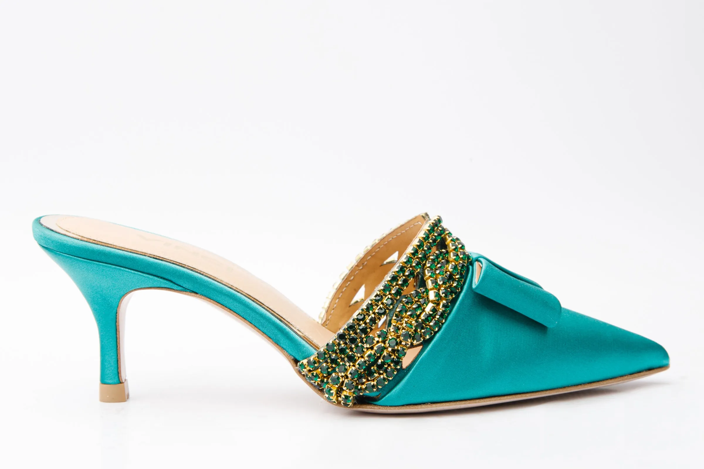 The Volga Green Leather Kitten Heel Pointy Toe Women Sandal