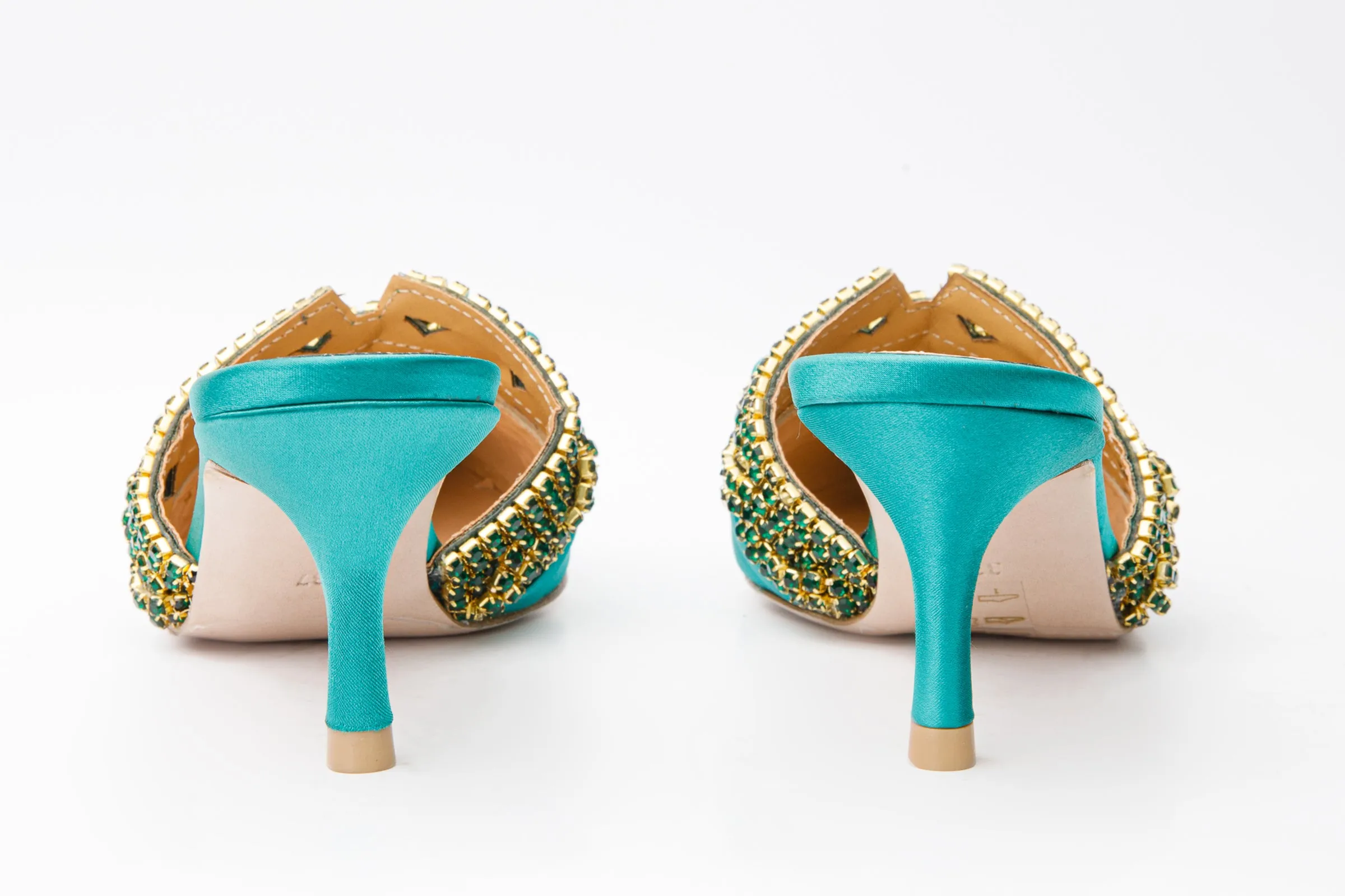 The Volga Green Leather Kitten Heel Pointy Toe Women Sandal