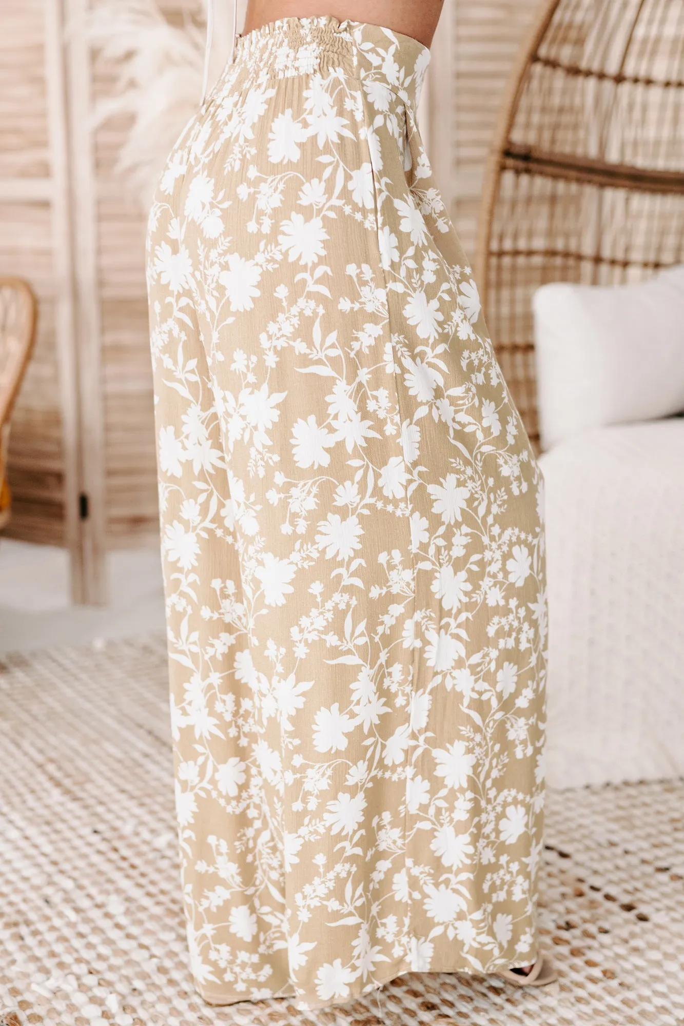 Tough Tides High Waisted Floral Wide Leg Pants (Taupe)