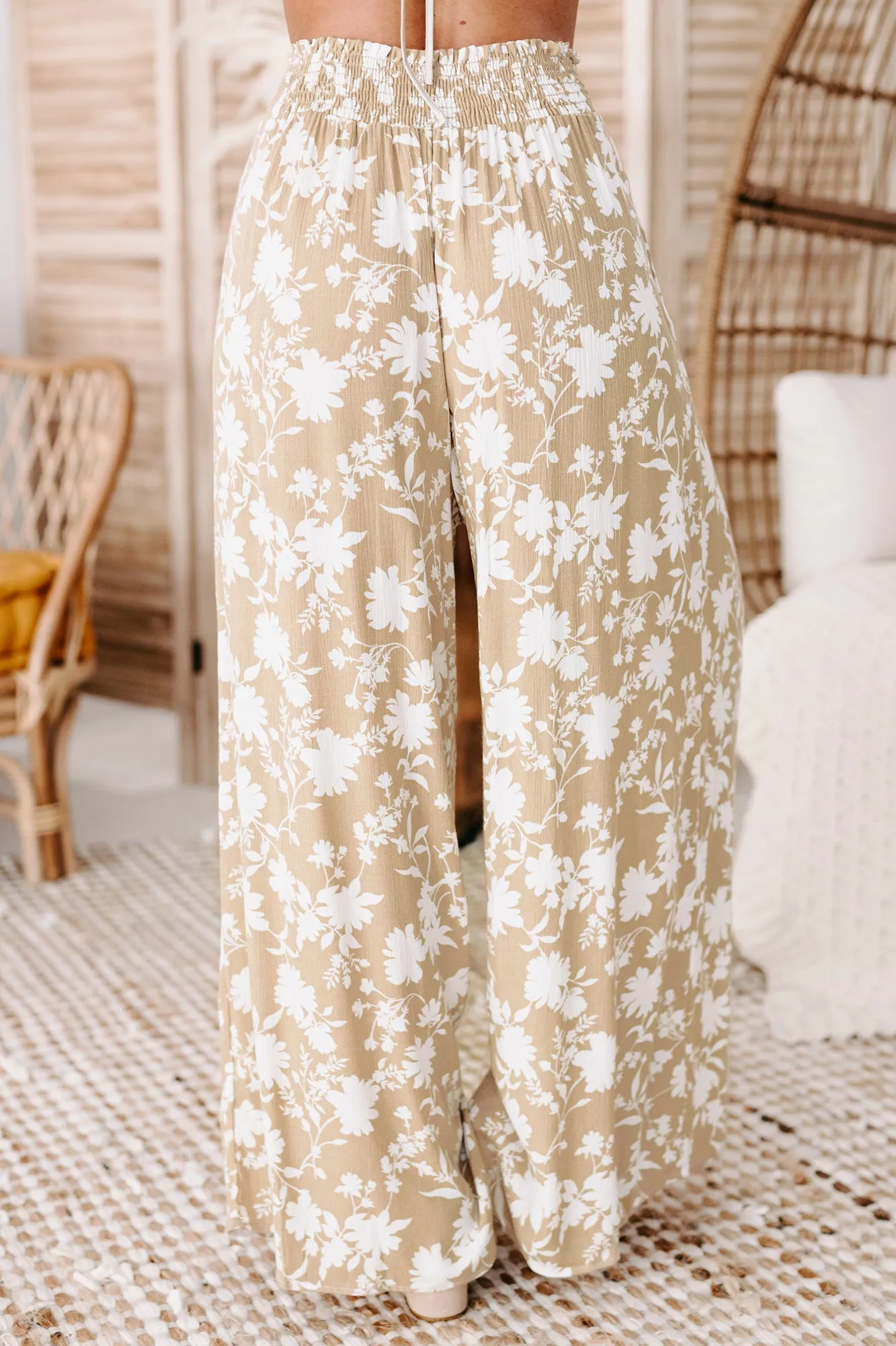 Tough Tides High Waisted Floral Wide Leg Pants (Taupe)