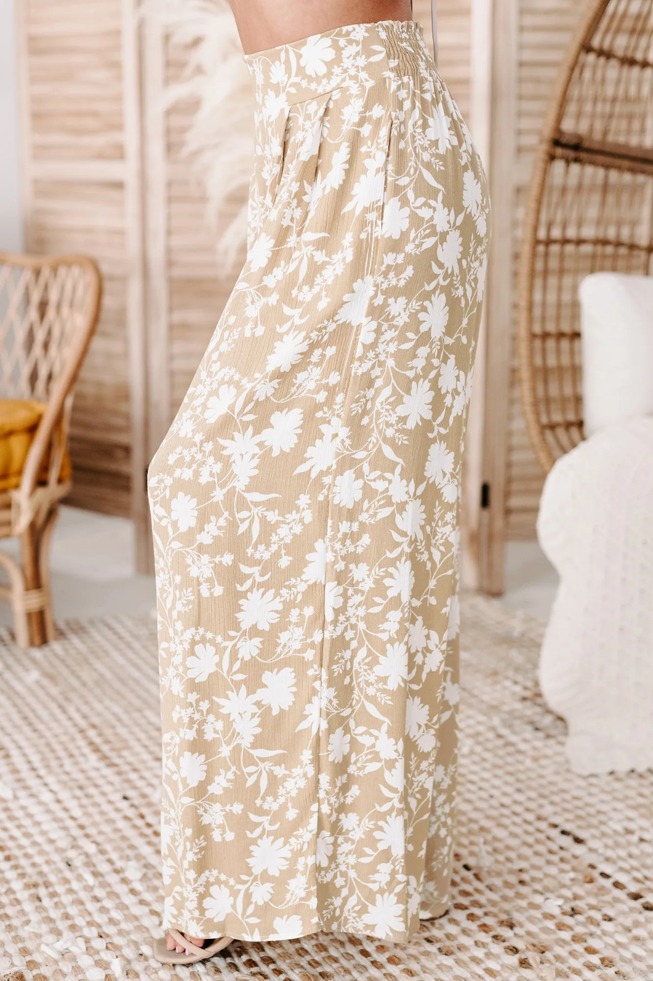 Tough Tides High Waisted Floral Wide Leg Pants (Taupe)