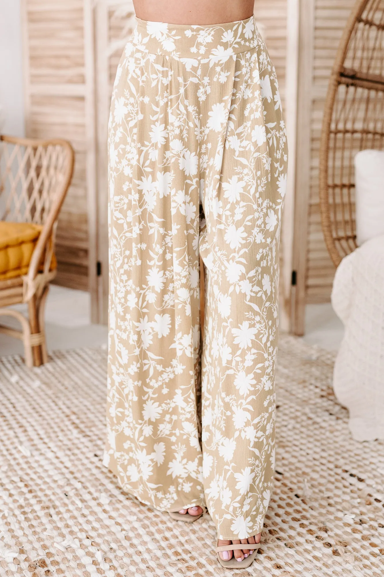 Tough Tides High Waisted Floral Wide Leg Pants (Taupe)
