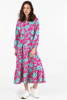 Tropical Floral Print V-Neck Button Down Long Sleeve Tiered Shirt Dress in Pink