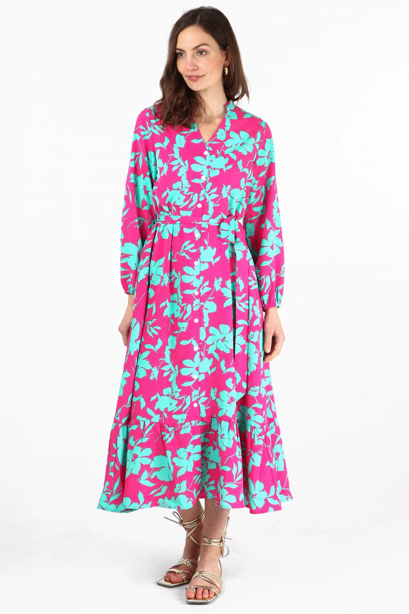 Tropical Floral Print V-Neck Button Down Long Sleeve Tiered Shirt Dress in Pink