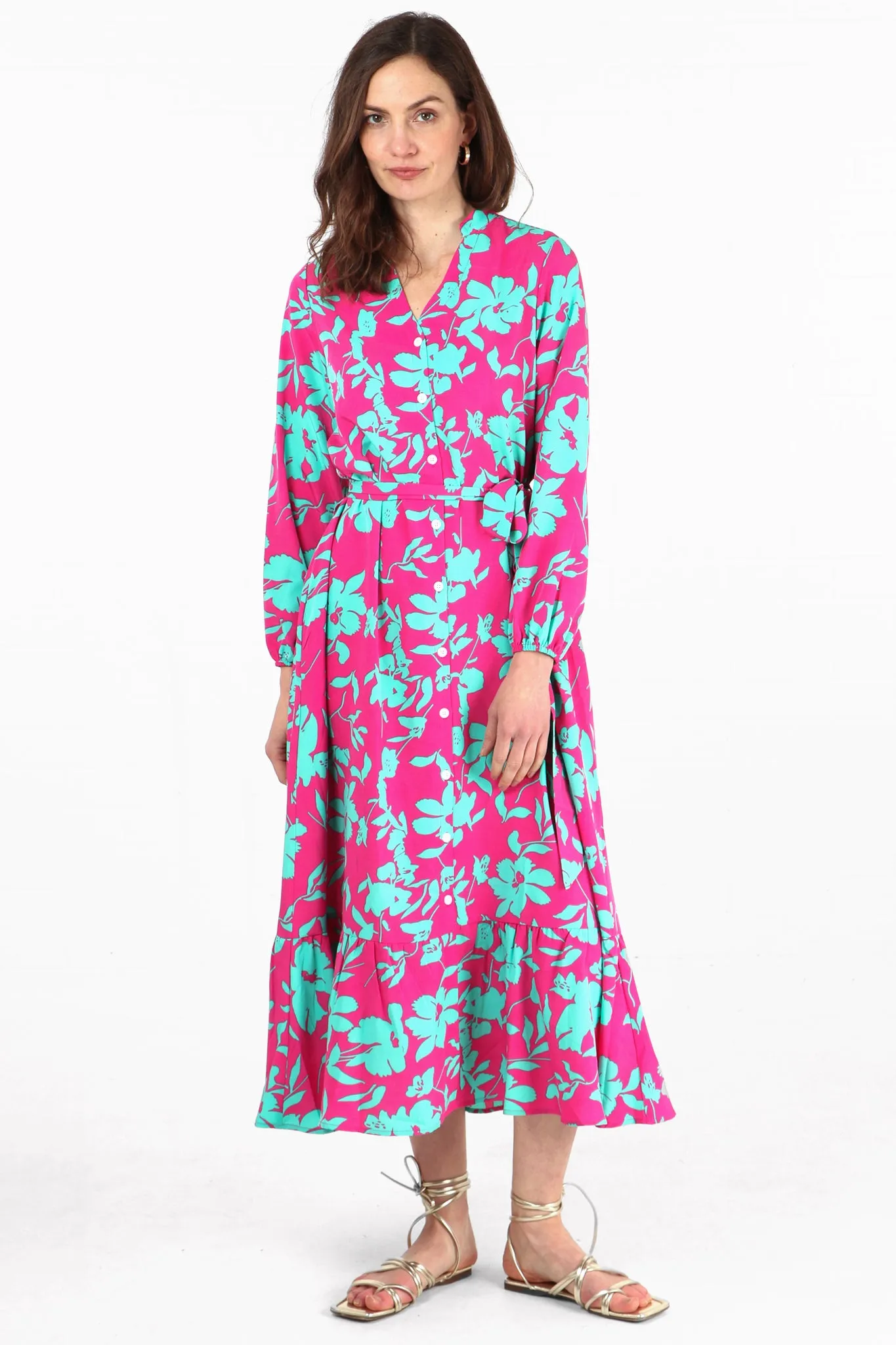 Tropical Floral Print V-Neck Button Down Long Sleeve Tiered Shirt Dress in Pink