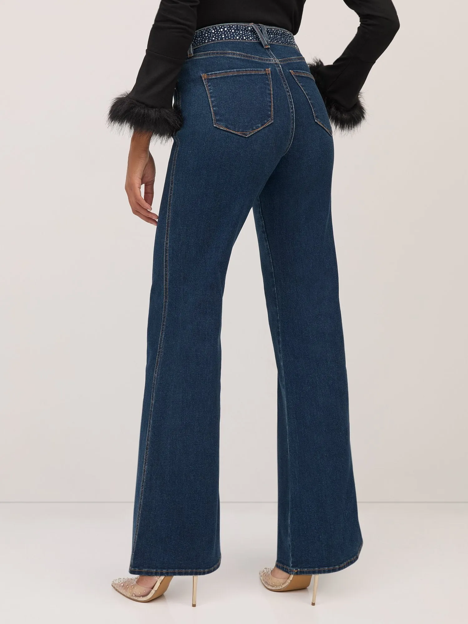 Ultra High-Waisted Rhinestone-Embellished Side-Stripe Wide-Leg Jeans - Medium Wash