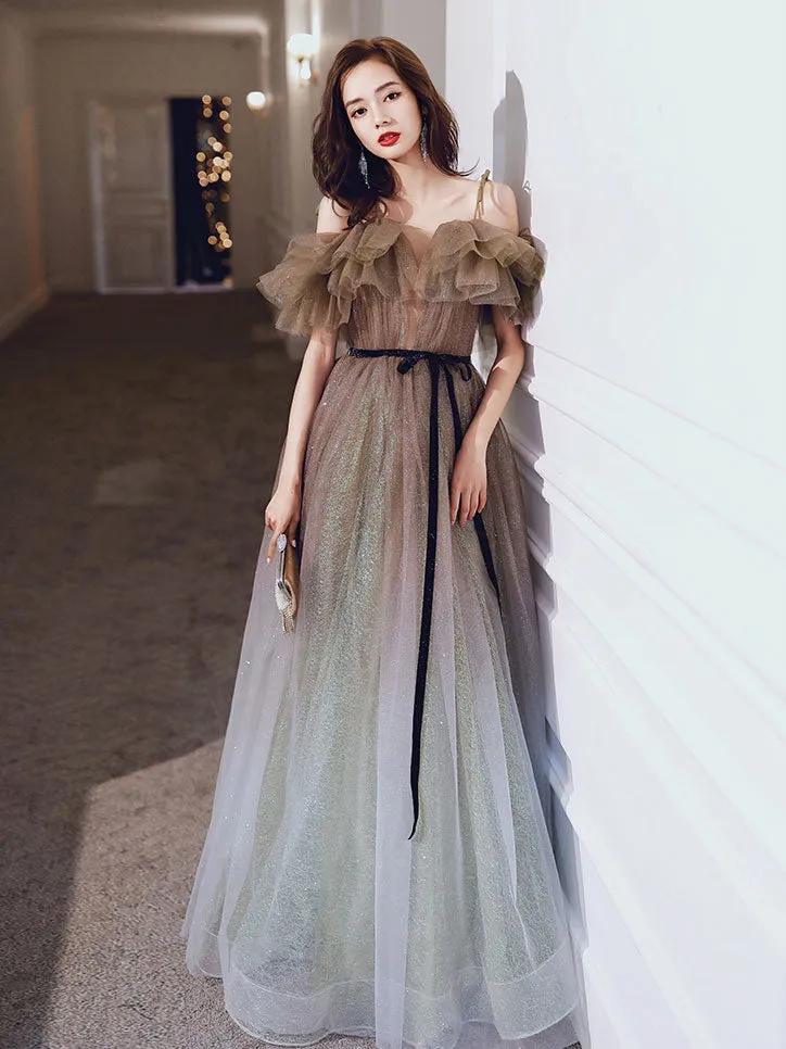 Unique Tulle Off Shoulder Long Prom Dress, Tulle Sequin Evening Dresses