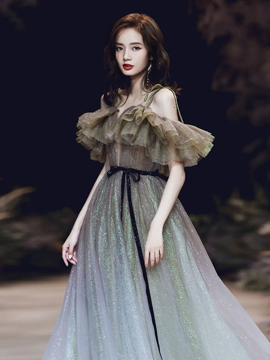 Unique Tulle Off Shoulder Long Prom Dress, Tulle Sequin Evening Dresses