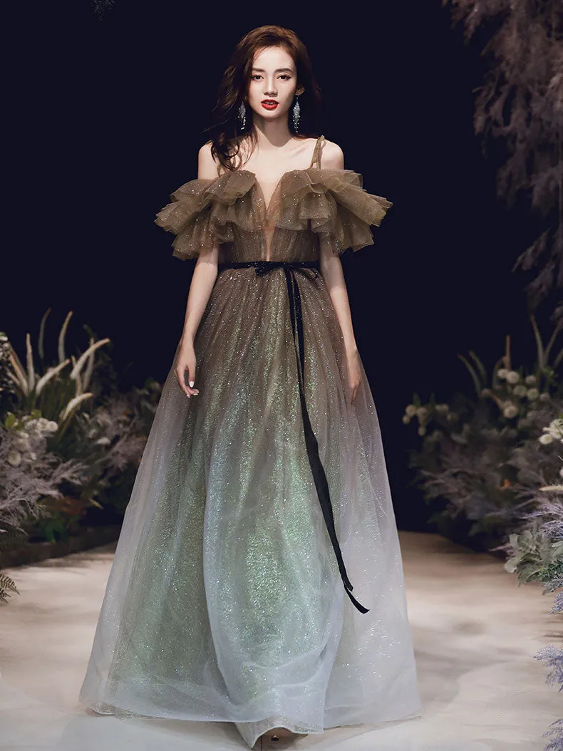 Unique Tulle Off Shoulder Long Prom Dress, Tulle Sequin Evening Dresses
