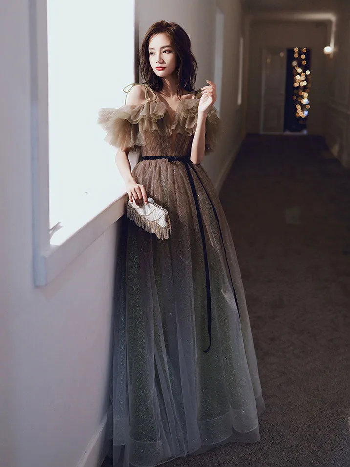 Unique Tulle Off Shoulder Long Prom Dress, Tulle Sequin Evening Dresses