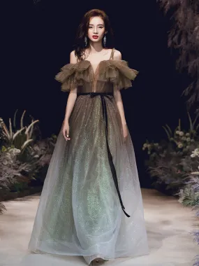 Unique Tulle Off Shoulder Long Prom Dress, Tulle Sequin Evening Dresses