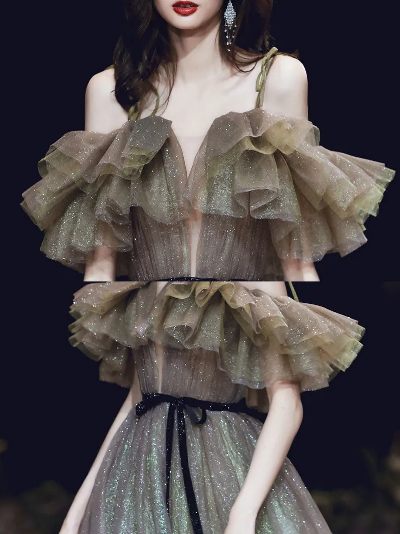 Unique Tulle Off Shoulder Long Prom Dress, Tulle Sequin Evening Dresses
