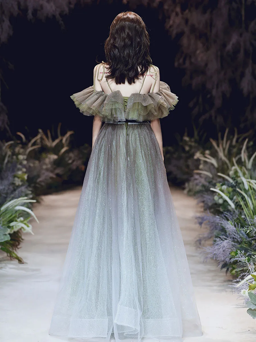 Unique Tulle Off Shoulder Long Prom Dress, Tulle Sequin Evening Dresses
