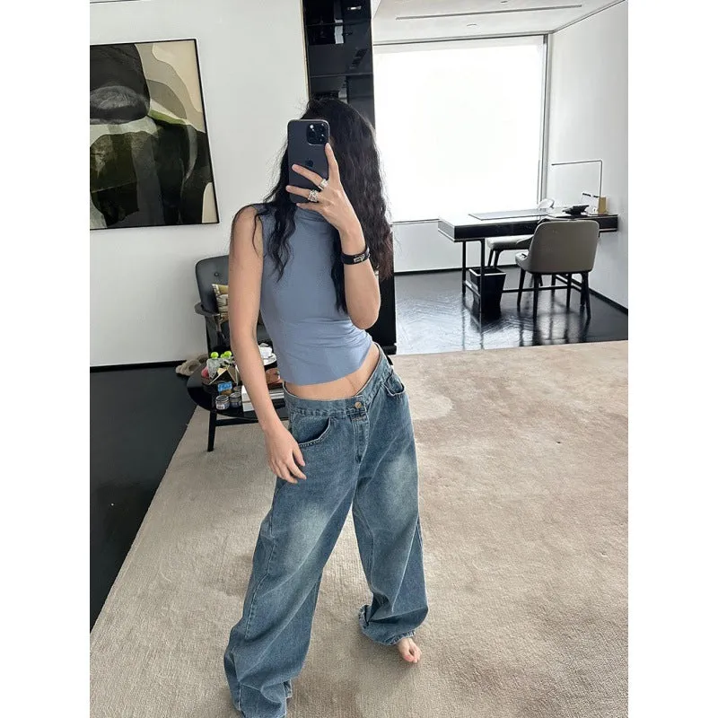 Uniwim y2k outfits American Retro Jeans Design Waist Head Flanging Loose Wide-Leg Pants Simple Casual Straight Pants Ins
