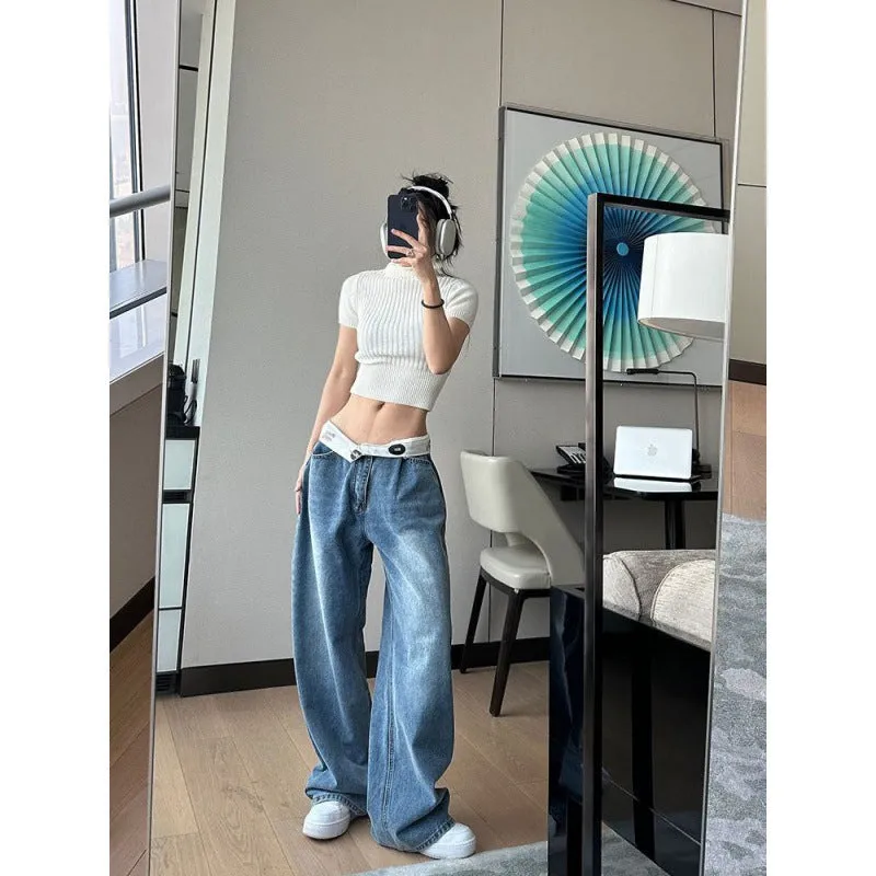 Uniwim y2k outfits American Retro Jeans Design Waist Head Flanging Loose Wide-Leg Pants Simple Casual Straight Pants Ins