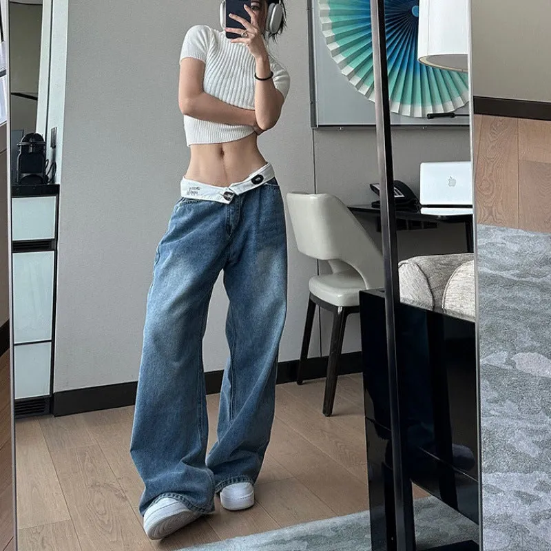 Uniwim y2k outfits American Retro Jeans Design Waist Head Flanging Loose Wide-Leg Pants Simple Casual Straight Pants Ins