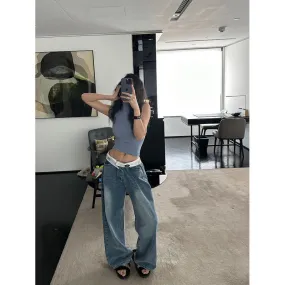 Uniwim y2k outfits American Retro Jeans Design Waist Head Flanging Loose Wide-Leg Pants Simple Casual Straight Pants Ins