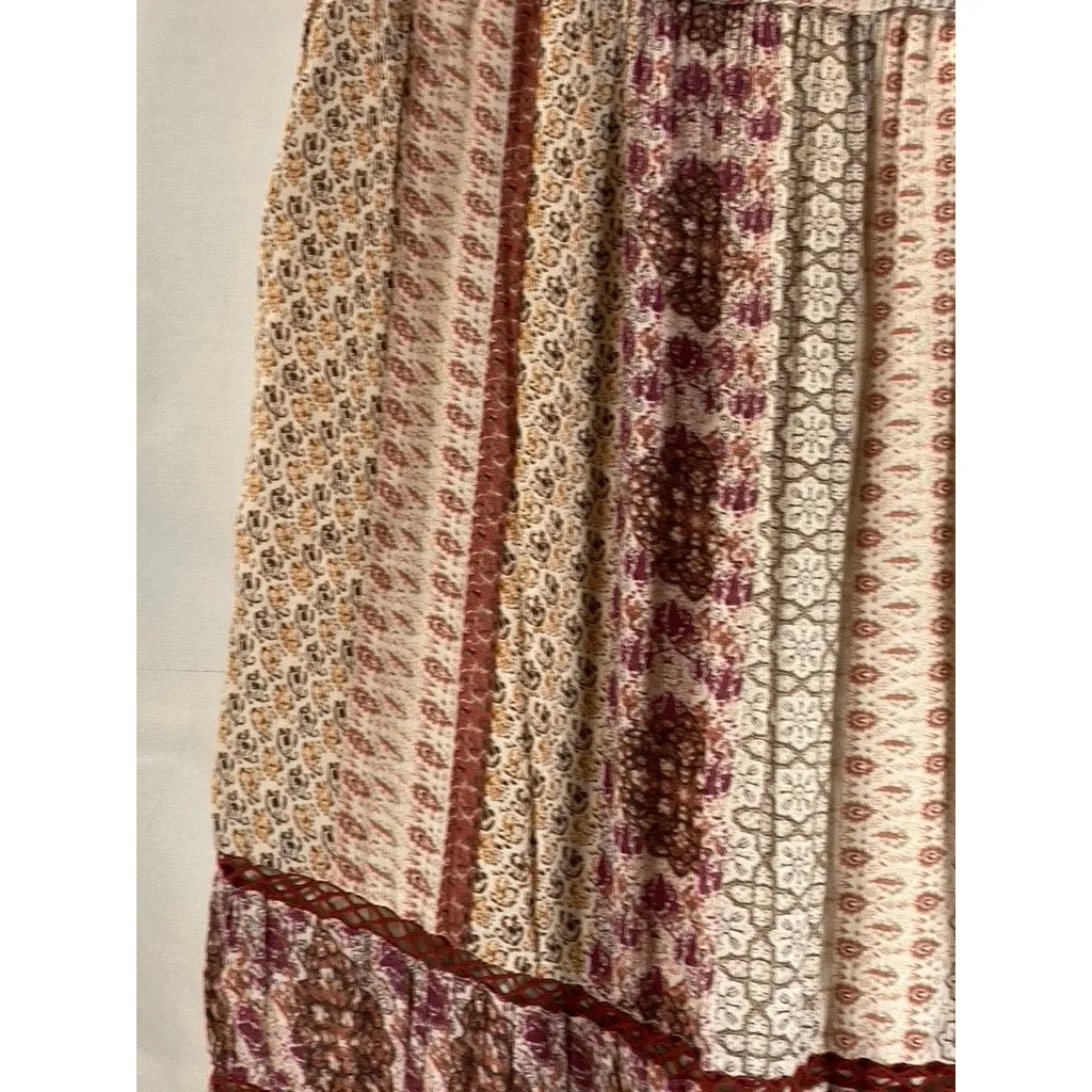 URBAN OUTFITTERS Women's Tan Esme Patch Printed Boho Tassel Maxi Skirt SZ L