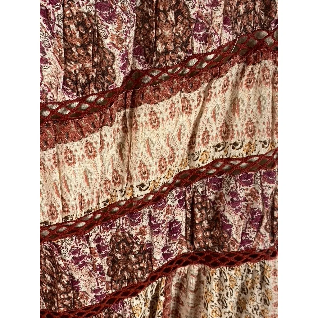 URBAN OUTFITTERS Women's Tan Esme Patch Printed Boho Tassel Maxi Skirt SZ L