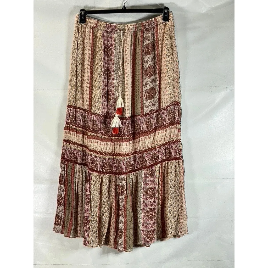 URBAN OUTFITTERS Women's Tan Esme Patch Printed Boho Tassel Maxi Skirt SZ L