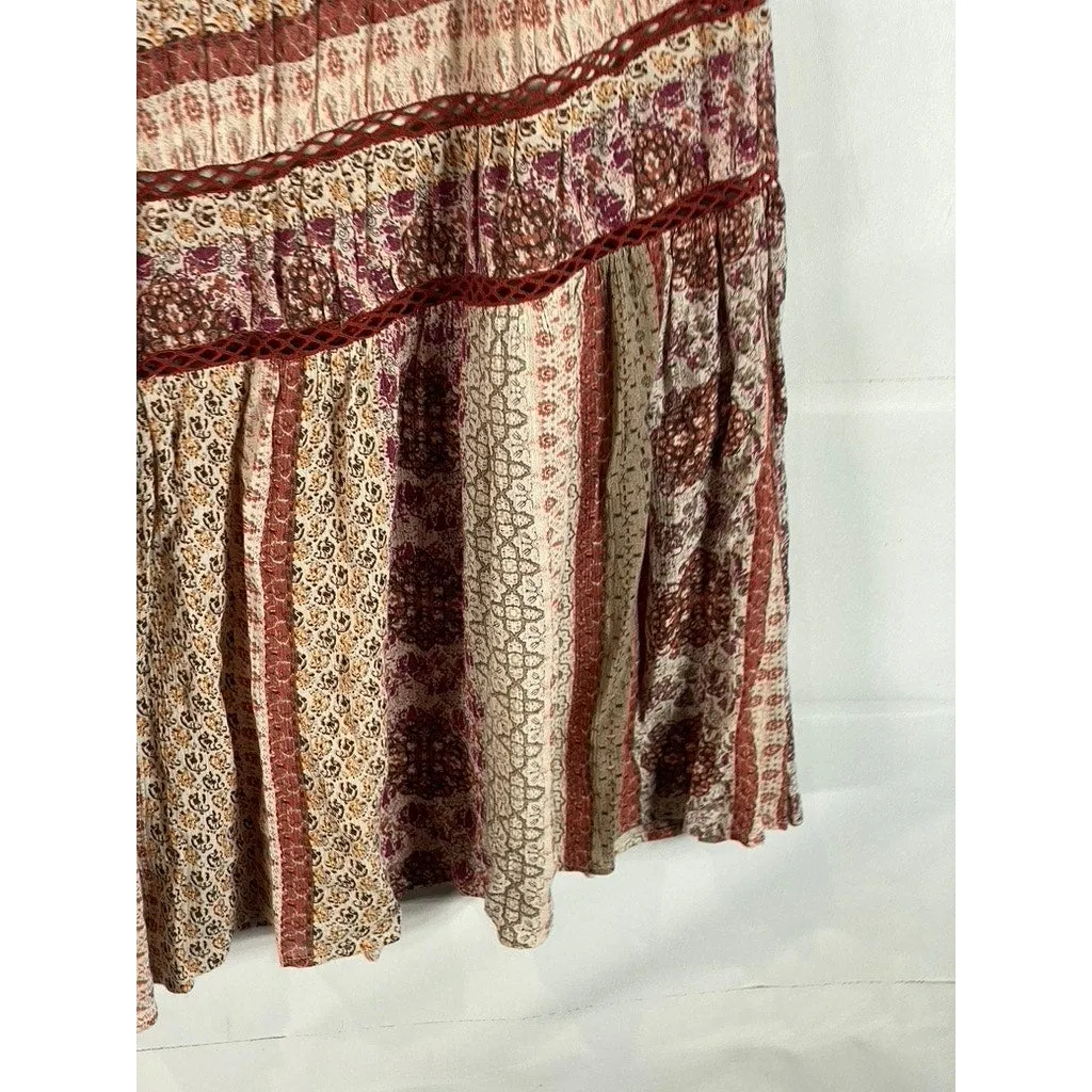 URBAN OUTFITTERS Women's Tan Esme Patch Printed Boho Tassel Maxi Skirt SZ L