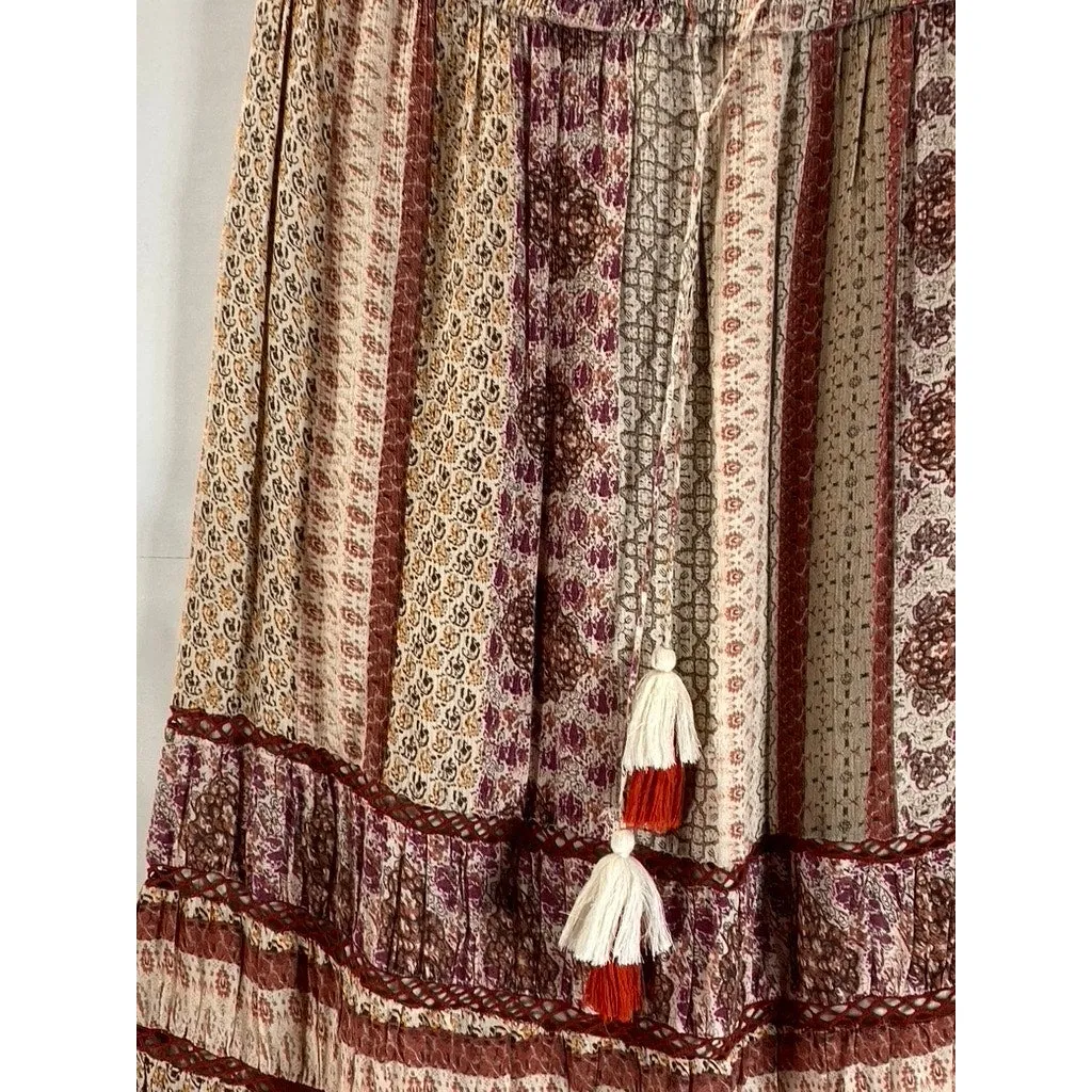 URBAN OUTFITTERS Women's Tan Esme Patch Printed Boho Tassel Maxi Skirt SZ L