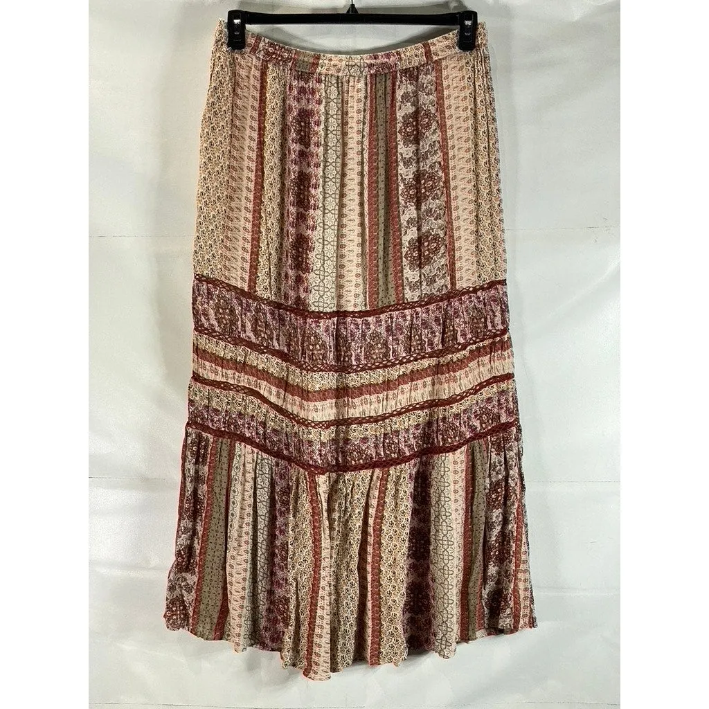 URBAN OUTFITTERS Women's Tan Esme Patch Printed Boho Tassel Maxi Skirt SZ L