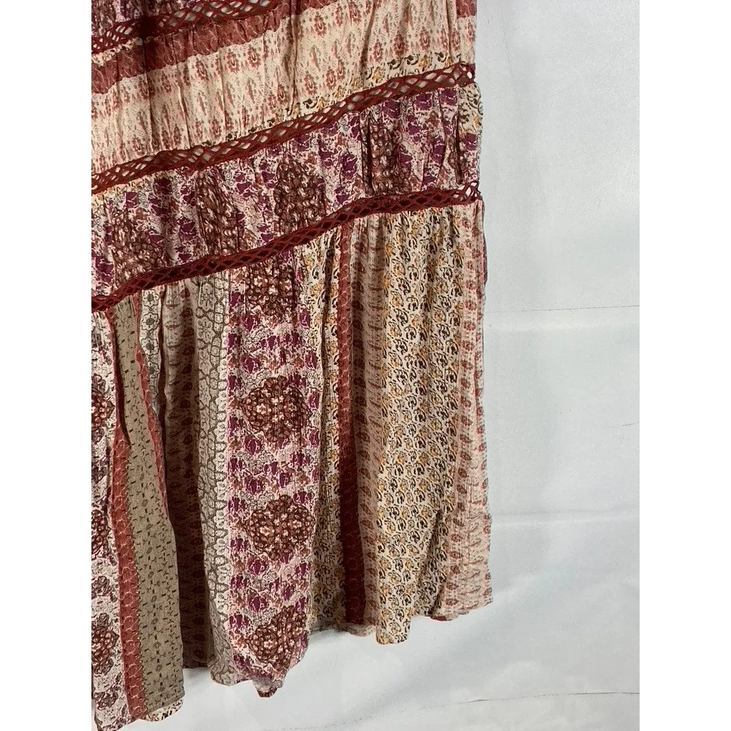 URBAN OUTFITTERS Women's Tan Esme Patch Printed Boho Tassel Maxi Skirt SZ L