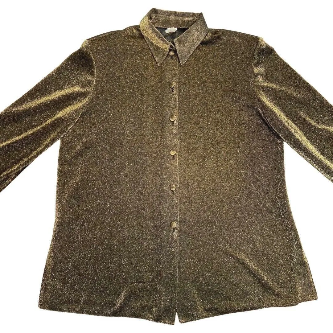 Vintage 80s 90s Gold Glittery Sheer Button Down Party Blouse 16 18 XL